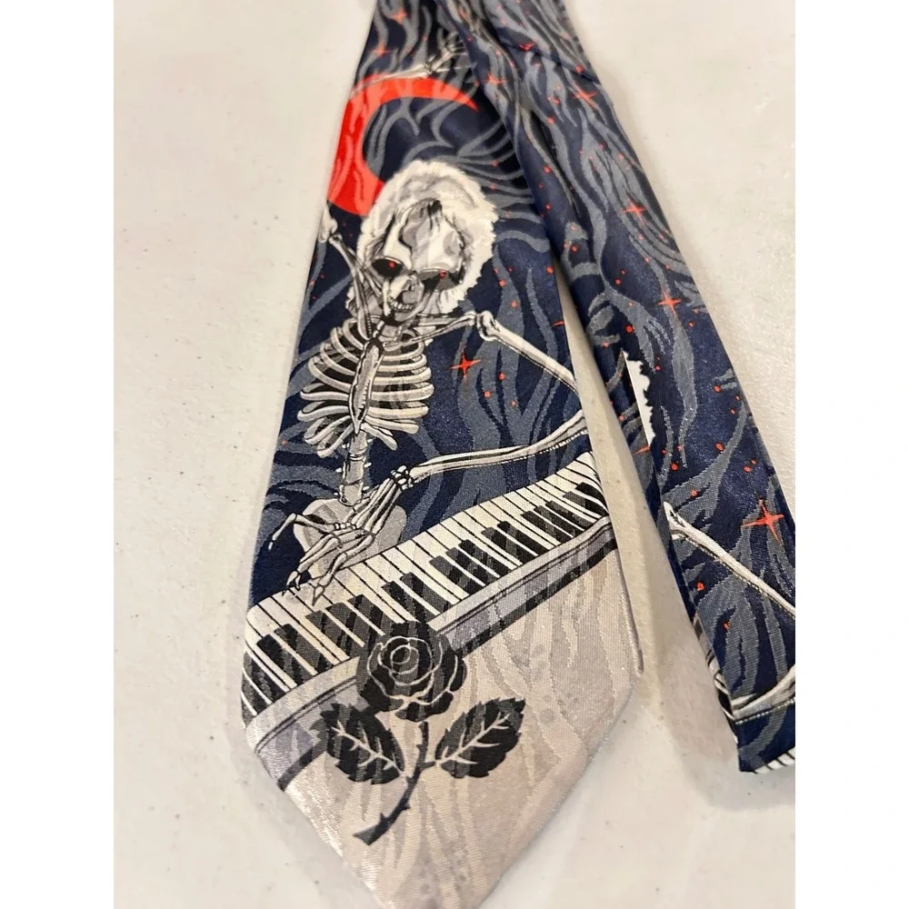 Vintage Made‎ in Italy Silk Tie Skeleton Piano Red Moon Goth Necktie